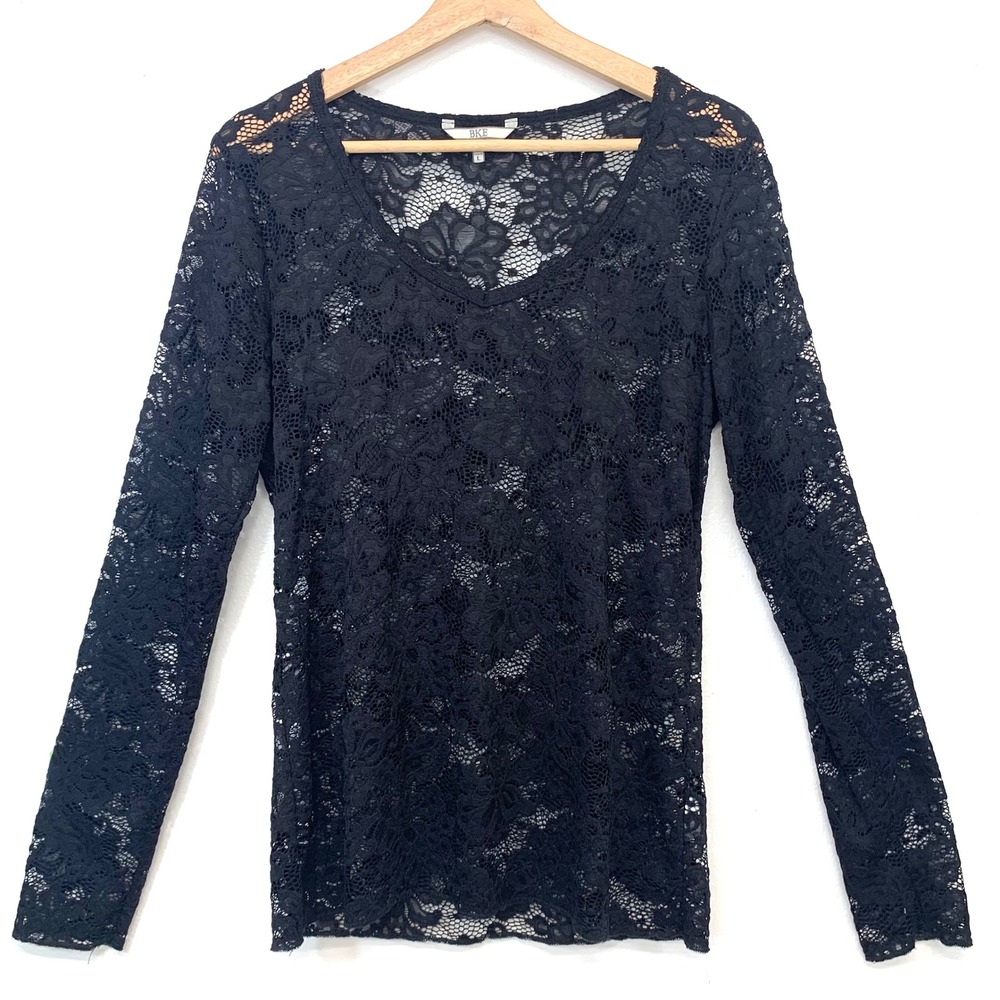 BKE Black Crochet Floral Lace Long Sleeve‎  Blouse Top Sheer Boho Goth Witchy